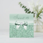 Mint Green Sequins, Bow & Diamond Sweet 16 Einladung (Stehend Vorderseite)