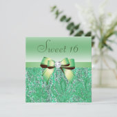 Mint Green Sequins, Bow & Diamond Sweet 16 Einladung (Stehend Vorderseite)