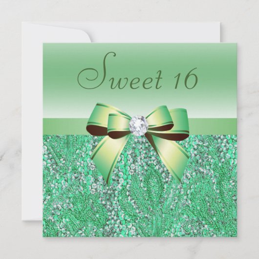 Mint Green Sequins, Bow & Diamond Sweet 16 Einladung (Vorderseite)