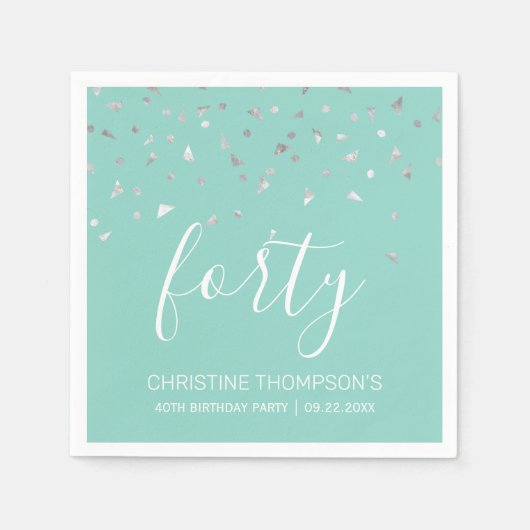 Mint Green Silver Confetti 40. Geburtstag Party Serviette (Vorderseite)