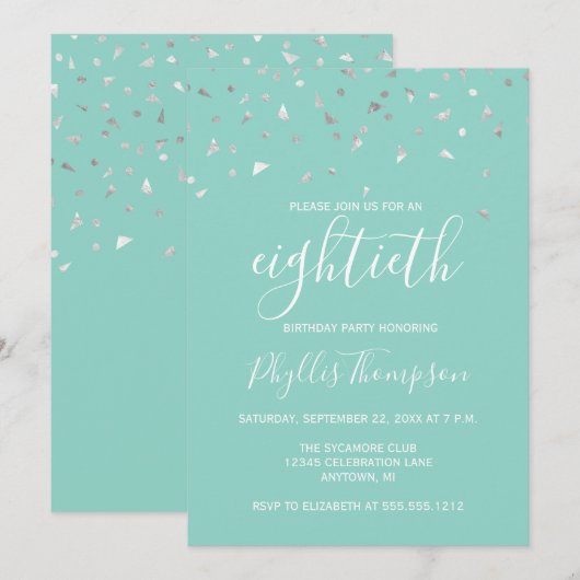Mint Green Silver Confetti 80. Geburtstagsparty Einladung (Vorne/Hinten)