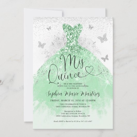 Mint Green Silver Dress Mis Quince Quinceañera Einladung (Vorderseite)