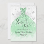 Mint Green Silver Dress Mis Quince Quinceañera Save The Date (Vorderseite)
