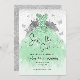 Mint Green Silver Dress Mis Quince Quinceañera Save The Date
