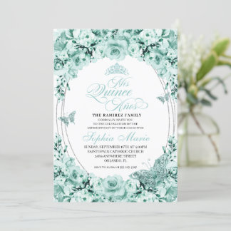 Mint Green Silver Floral Tiara Quinceanera Einladung