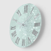 Mint Green Silver Glitzer Grau römische Zahlen Große Wanduhr (Winkel)