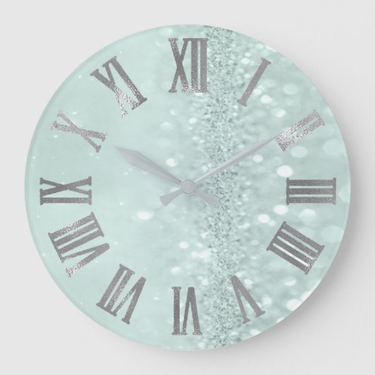 Mint Green Silver Glitzer Grau römische Zahlen Große Wanduhr (Vorderseite)