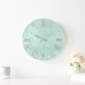 Mint Green Silver Paste Glitzer Grau römische Zahl Große Wanduhr (Zuhause)