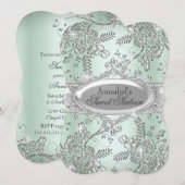 Mint Green Silver Sparkle Blume Sweet 16 Einladung (Vorne/Hinten)