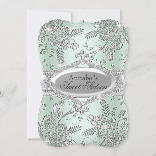 Mint Green Silver Sparkle Blume Sweet 16 Einladung (Vorderseite)