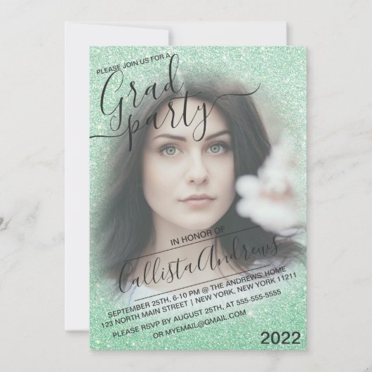 Mint Green Sparkly Glitter Schatten Foto Graduieru Einladung (Vorderseite)