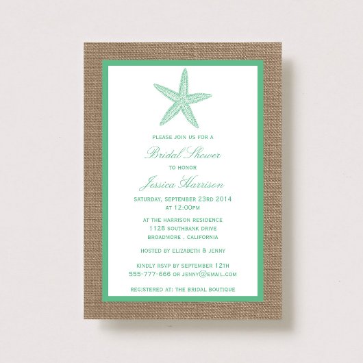 Mint Green Starfish Beach Burlap Brautparty Einladung
