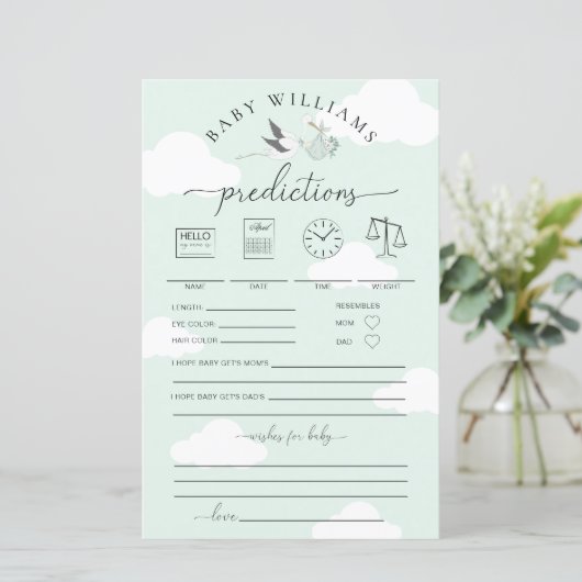 Mint Green Stork Baby Predictions Game (Stehend Vorderseite)