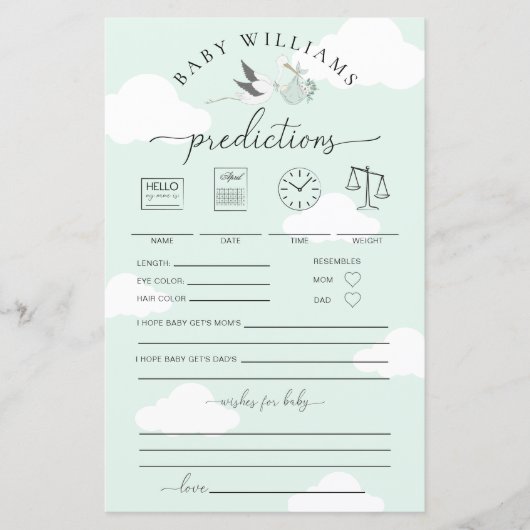 Mint Green Stork Baby Predictions Game (Vorderseite)