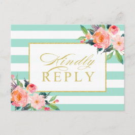 Mint Green Stripes Floral Gold Hochzeit RSVP Einladungspostkarte