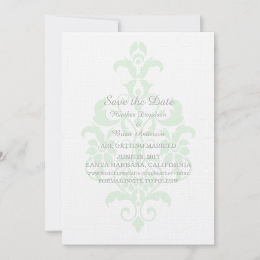 Mint Green subtle Damask Save the Date einladen Einladung (Vorderseite)