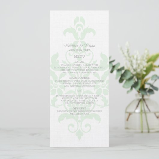 Mint Green subtle Damask Wedding Menu Menükarte (Stehend Vorderseite)