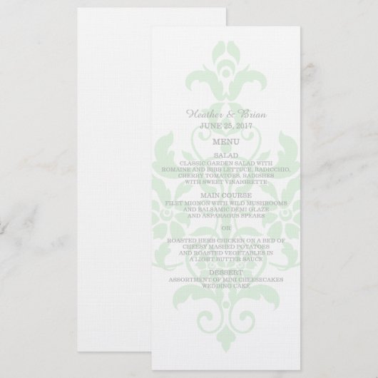 Mint Green subtle Damask Wedding Menu Menükarte (Vorne/Hinten)