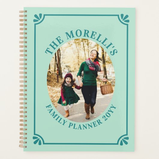 Mint Green & Teal Oval Photo Family Planer (Vorderseite)