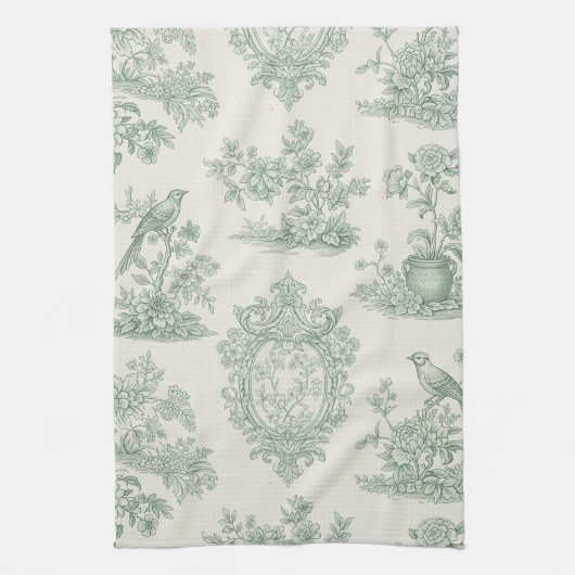 Mint Green Toile Floral and Bird Pattern Geschirrtuch (Vertikal)
