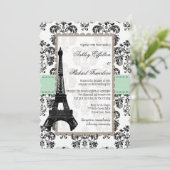Mint Green und Black Damask Eiffelturm Hochzeit Einladung (Stehend Vorderseite)