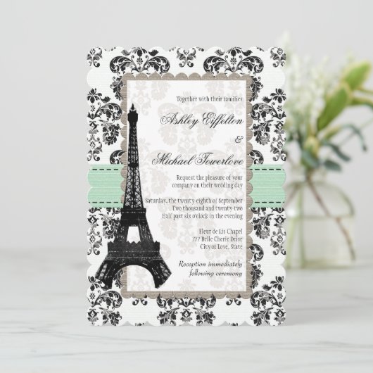 Mint Green und Black Damask Eiffelturm Hochzeit Einladung (Stehend Vorderseite)