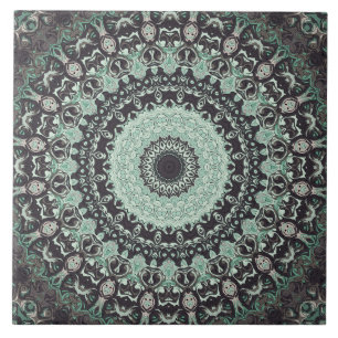 Mint Green und Charcoal Mandala Muster Fliese