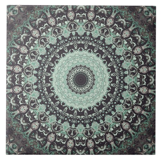 Mint Green und Charcoal Mandala Muster Fliese (Vorderseite)