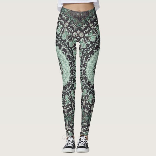Mint Green und Charcoal Mandala Muster Leggings (Vorderseite)