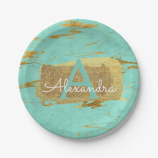 Mint Green und Gold Foil Elegante Marble Geburtsta Pappteller (Vorderseite)