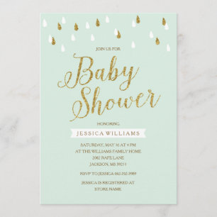 Mint Green und Gold Glitzer Raindrops Baby Shower Einladung