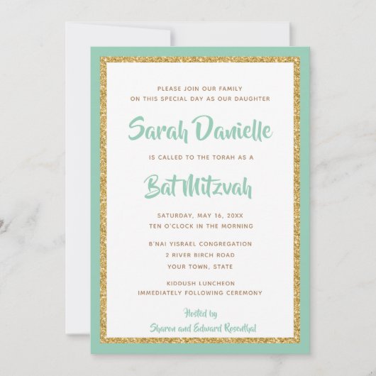Mint Green und Gold Glitzer Rectangle Bat Mitzvah Einladung (Vorderseite)