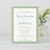 Mint Green und Gold Glitzer Rectangle Bat Mitzvah Einladung (Stehend Vorderseite)