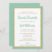Mint Green und Gold Glitzer Rectangle Bat Mitzvah Einladung (Vorne/Hinten)