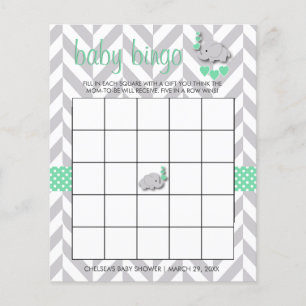Mint Green und Gray Elephant Baby Shower Bingo
