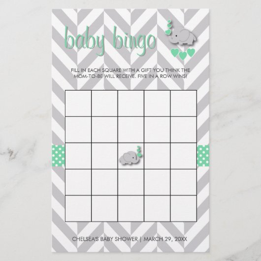 Mint Green und Gray Elephant Baby Shower Bingo Briefpapier (Vorderseite)