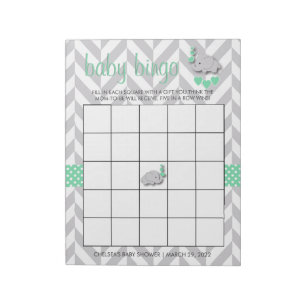 Mint Green und Gray Elephant Baby Shower Bingo Notizblock