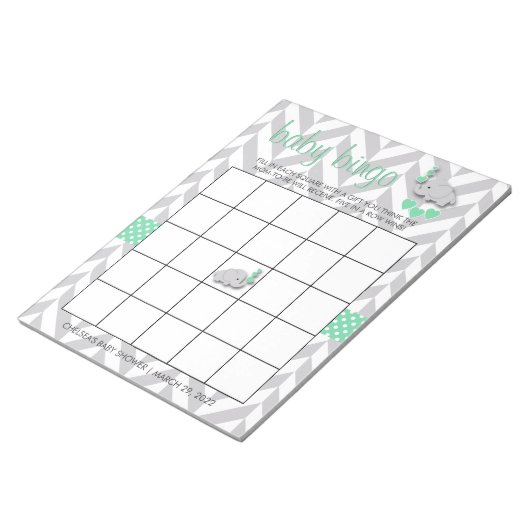 Mint Green und Gray Elephant Baby Shower Bingo Notizblock (angewinkelt)