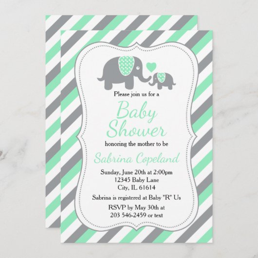 Mint Green und Gray Elephant 🐘 | Babydusche Einladung (Vorne/Hinten)