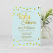 Mint Green und Imitate Gold Confetti Dots Baby Dus Einladung (Stehend Vorderseite)