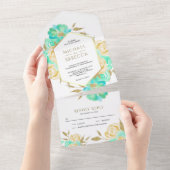 Mint Green und Ivory Gold Floral Bouquet Wedding All In One Einladung (Abreißen)