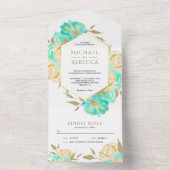 Mint Green und Ivory Gold Floral Bouquet Wedding All In One Einladung (Innen Boden)