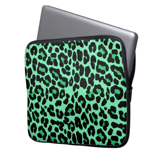 Mint Green und Jade Leopard Print Pattern Laptopschutzhülle (Vorderseite Links)