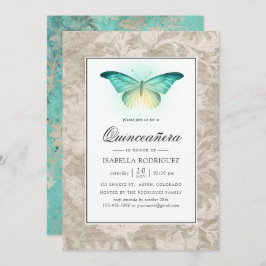 Mint Green und Pearl Damask Quinceañera Einladung