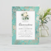 Mint Green und Pearl Floral Damask Quinceañera Einladung (Stehend Vorderseite)
