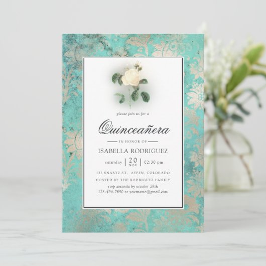 Mint Green und Pearl Floral Damask Quinceañera Einladung (Stehend Vorderseite)