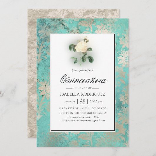 Mint Green und Pearl Floral Damask Quinceañera Einladung (Vorne/Hinten)