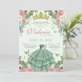 Mint Green und Rosa Elegantin Prinzessin Quinceañe Einladung (Stehend Vorderseite)