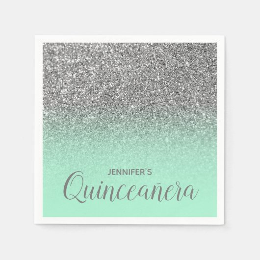 Mint Green und Silver Glitzer Ombre Quinceanera Serviette (Vorderseite)