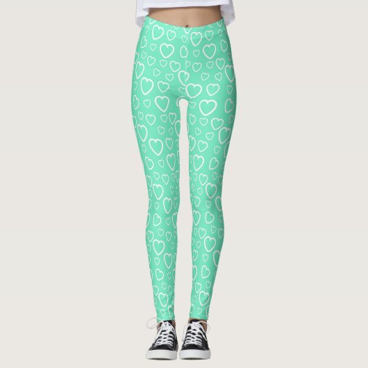 Mint Green und White Liebe Hörmuster Leggings (Vorderseite)
